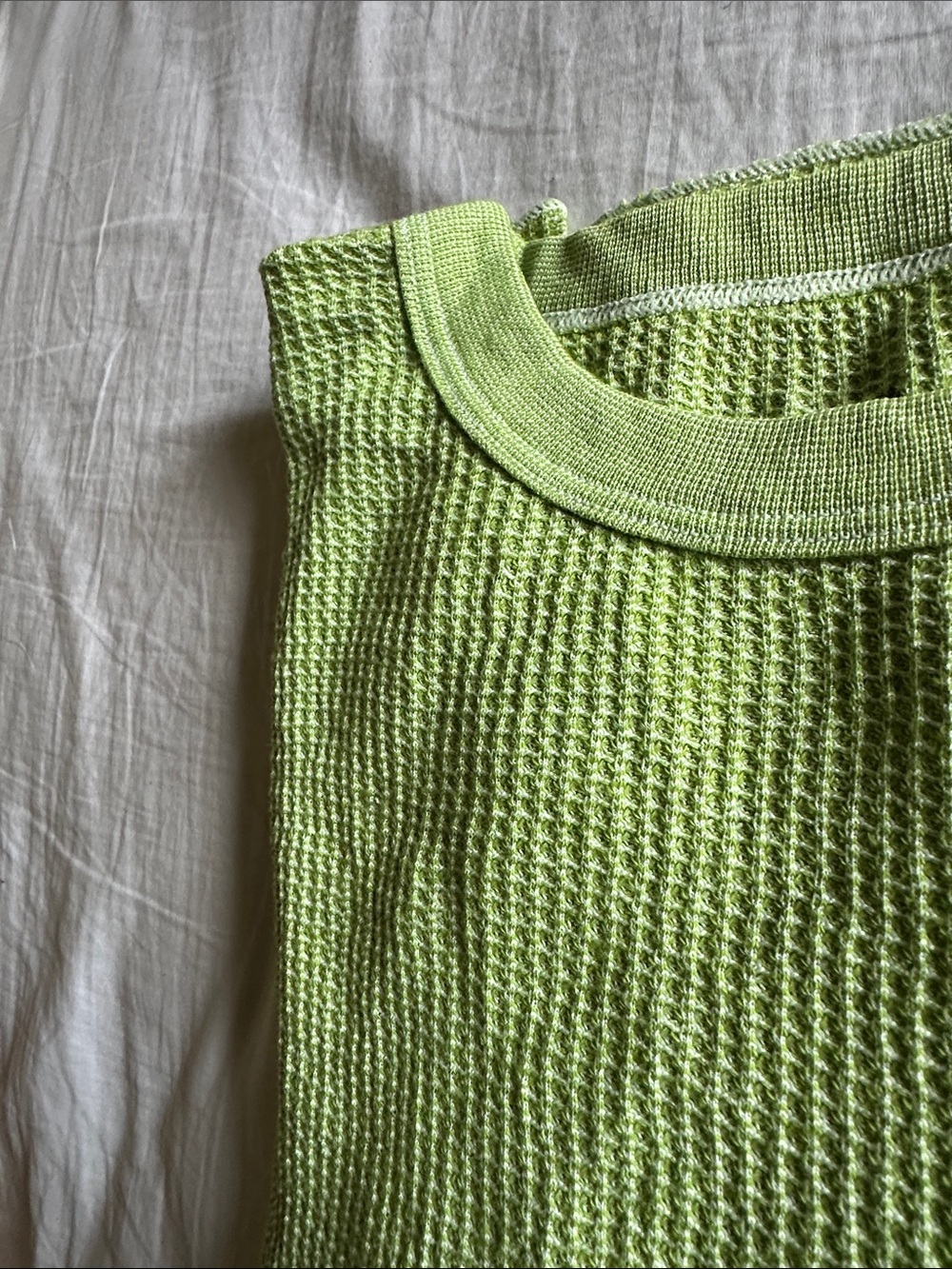 Unisex Lime Green Waffle Knit Long Sleeve Top with Black Graphic Sleeves - Picture 3 of 3